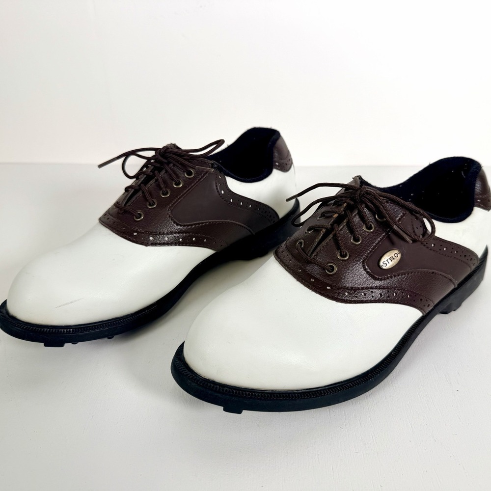 Men's Size 9 Stylo Saddle Golf Shoes White Brown Spikeless Classic